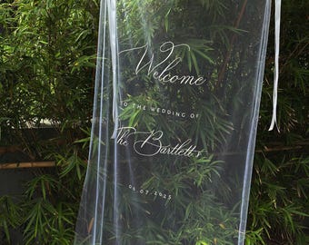 Placa de tecido de boas-vindas, placa transparente, placa de tecido, véu de noiva, placa de tecido, placa de boas-vindas de casamento personalizada, placa de renda personalizada