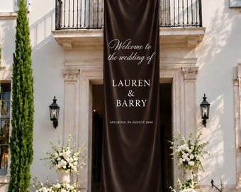Dark Brown Silk Wedding Welcome Sign, Personalized Fabric Banner, Elegant Draped Wedding Decor, Custom Names and Date