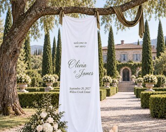 Personalized Fabric Wedding Welcome Sign, Custom Name and Date Banner, Outdoor Garden Wedding Decor, Elegant Hanging Wedding Backdrop