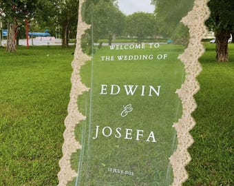 Sheer Lace Wedding Welcome Sign: Tulle Fabric, Macquin Sequins