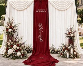 Personalized Burgundy Satin Wedding Sign, Custom Name Fabric Banner, Elegant Wedding Backdrop, Ceremony and Reception Decor