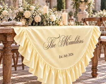 Personalized Wedding Table Cloth, Butter Yellow Ruffled Silk Drape with Brown Lettering, Sweetheart Table Decor