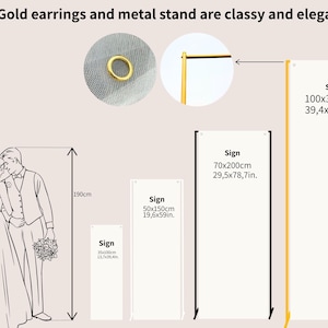 May include: An illustration of a couple in wedding attire, with a bouquet. The image also shows a gold earring, a metal stand, and several signs with dimensions in inches and centimeters. The largest sign is 39.4x118.1 inches.