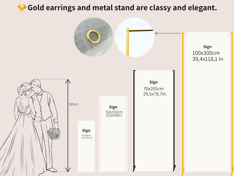 May include: An illustration of a couple in wedding attire, with a bouquet. The image also shows a gold earring, a metal stand, and several signs with dimensions in inches and centimeters. The largest sign is 39.4x118.1 inches.