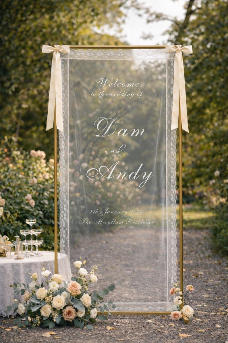 Personalized Sheer Tulle Wedding Sign, Lace Trim, Romantic Backdrop - Etsy