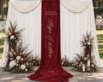 Personalized Burgundy Satin Wedding Banner, Custom Name Fabric Backdrop