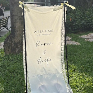 Personalized Linen Wedding Sign, Custom Minimal Welcome Sign, Fabric Welcome Sign, Wedding Decoration, Custom Fabric Wedding Sign with Stand