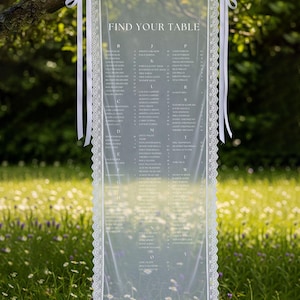 K&ouml;nnte beinhalten: Eine transparente Hochzeits-Sitzordnung mit Spitzenbord&uuml;re und dem Text "FIND YOUR TABLE". Die Tafel h&auml;ngt mit wei&szlig;en B&auml;ndern an einem Ast. Der Hintergrund ist eine verschwommene gr&uuml;ne Wiese mit Wildblumen.