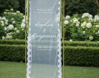 Letrero romántico de boda transparente, letrero de bienvenida de lino, pancarta moderna para boda al aire libre, decoración de boda personalizada, letrero para fiesta de compromiso