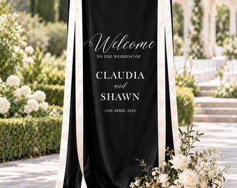 Personalized Black Silk Wedding Banner, Custom Names and Date Welcome Sign, Draped Fabric Sign with Satin Bows
