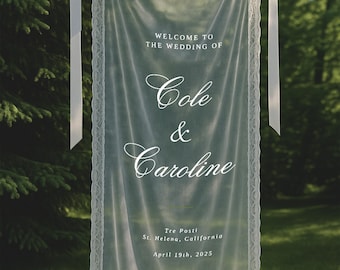 Romantic Sheer Wedding Sign, Lace Wedding Welcome Sign,Modern Outdoor Wedding Banner, Personalized Wedding Decoration,Engagement Party Sign