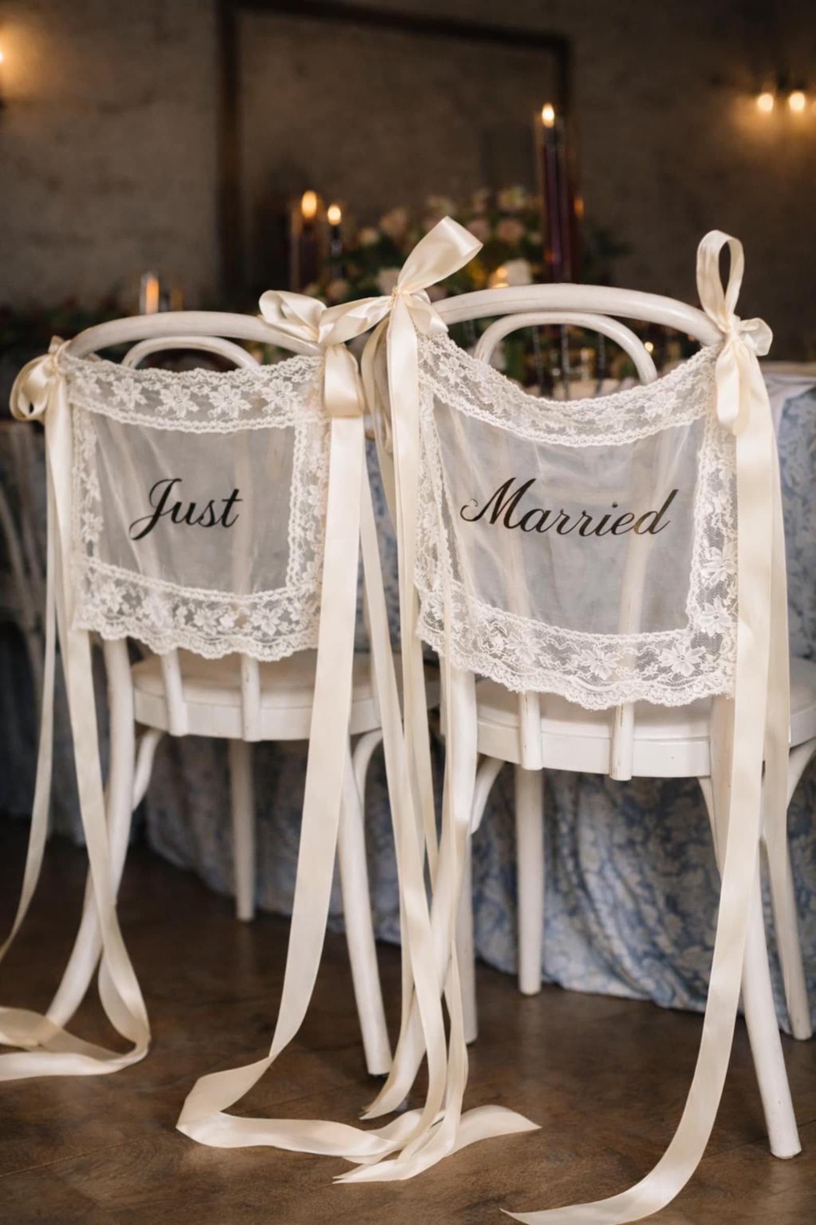 Sheer Lace Just Married Chair Signs for Bride and Groom, Wedding Chair Decor, Just Married Chair Signs, Sheer Lace Wedding Chair Banners