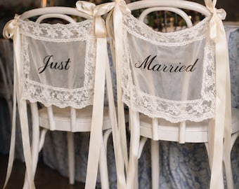 Sheer Lace Just Married Chair Signs for Bride and Groom, Wedding Chair Decor, Just Married Chair Signs, Sheer Lace Wedding Chair Banners