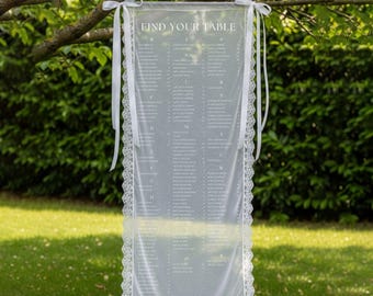Lace Seating Chart Wedding, Sheer Fabric Table Plan, Personalized Elegant Banner,Custom Sheer Lace Seating Chart