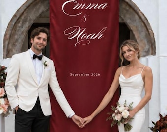 Custom Burgundy Wedding Banner, Personalized Couple Names Sign, Satin Ceremony Backdrop, Elegant Wedding Reception Decor
