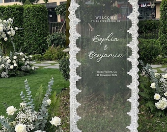 Romantic Lace Welcome Sign: Clear Sheer Tulle Wedding Signage, Fabric Ceremony Reception Signage Banner