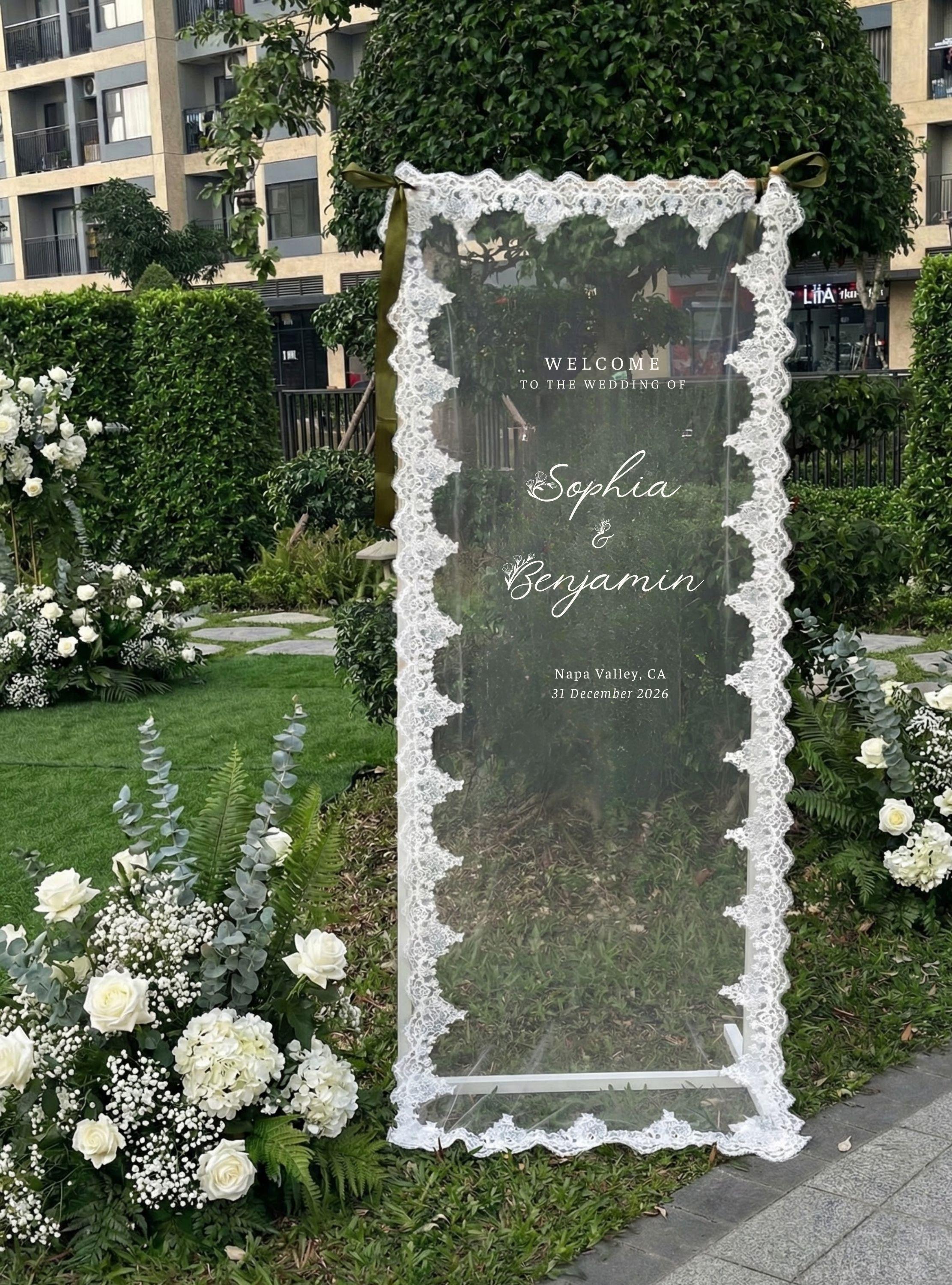 Romantic Lace Welcome Sign: Clear Sheer Tulle Wedding Signage, Fabric ...