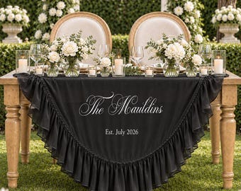 Personalized Black Ruffle Tablecloth, Elegant Sweetheart Table Decor, Custom Wedding Reception Sign