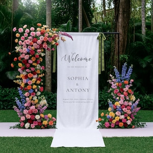 Custom Wedding Fabric Sign, Linen Wedding Welcome Sign, Modern Outdoor Wedding Banner, Personalized Wedding Decoration,Engagement Party Sign