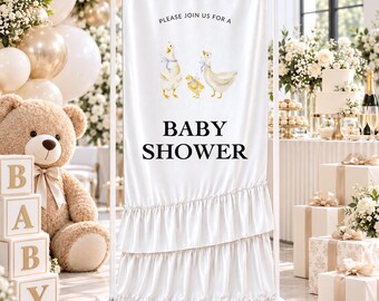 Custom Baby Shower Welcome Sign,  Fabric Backdrop, Personalized Ruffle Banner, Elegant Baby Shower Party Decor
