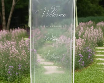 Romantisches schieres Hochzeit Zeichen, Leinen Hochzeit Willkommensschild, modernes Hochzeit im Freien Banner, personalisierte Hochzeitsdekoration, Verlobungsfeier Zeichen