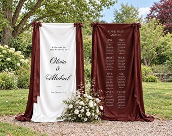 Burgundy Fabric Wedding Sign, Personalized Welcome Banner and Seating Chart, Silk Wedding Decor with Bows, Custom Reception Sign