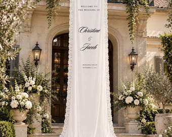 Personalized Silk Wedding Banner, Long Fabric Welcome Sign, Custom Lace Trim Wedding Entrance Decor