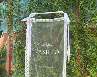 Romantisches schieres Hochzeit Zeichen, Leinen Hochzeit Willkommensschild, modernes Hochzeit im Freien Banner, personalisierte Hochzeitsdekoration, Verlobungsfeier Zeichen