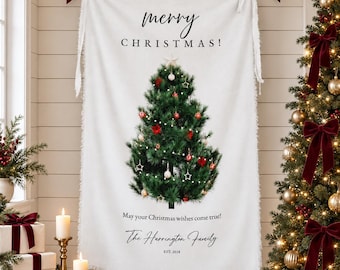 Fabric Christmas Decor, Personalized Family Christmas Banner, Custom Holiday Wall Hanging, Christmas Tree Tapestry, Rustic Xmas Sign