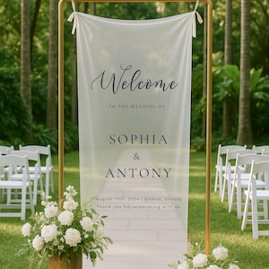 Romantic Sheer Wedding Sign, Linen Wedding Welcome Sign,Modern Outdoor Wedding Banner, Personalized Wedding Decoration,Engagement Party Sign