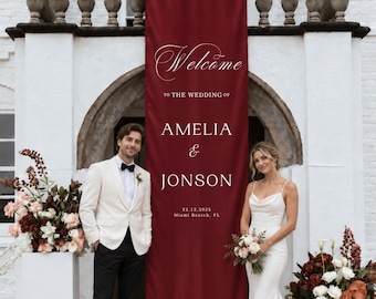 Custom Wedding Backdrop Banner, Burgundy Fabric Sign with Names, Romantic Wedding Entrance and Reception Decor