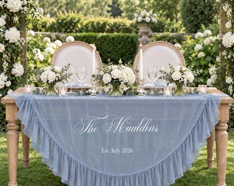 Personalized Ruffle Wedding Table Drape, Dusty Blue Chiffon Sweetheart Table Decor, Custom Last Name Wedding Banner