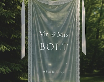Welcome Fabric Sign, Sheer Sign, Fabric Sign, Wedding Veil, fabric sign, Custom Wedding Welcome Sign, Personalized Lace Edge Sign