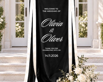 Black Silk Wedding Welcome Sign with Ivory Bows, Personalized Fabric Banner, Romantic Wedding Ceremony Entrance Decor