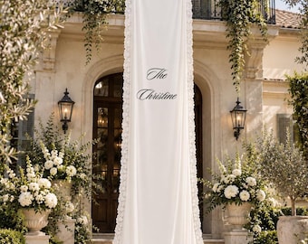 Custom Silk Wedding Sign, Personalized Long Welcome Banner, Elegant Lace Wedding Ceremony Decor