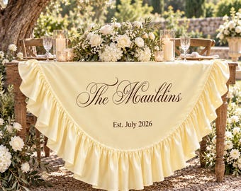 Butter Yellow Wedding Table Banner, Custom Family Name Silk Drape, Romantic Ruffle Wedding Reception Decor