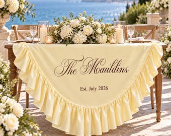 Butter Yellow Silk Sweetheart Table Drape, Personalized Wedding Table Banner with Ruffles, Custom Last Name Decor