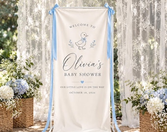 Custom Baby Shower Fabric Sign, Personalized  Welcome Banner, Baby Blue Shower Backdrop, Elegant Boy Baby Shower Decor