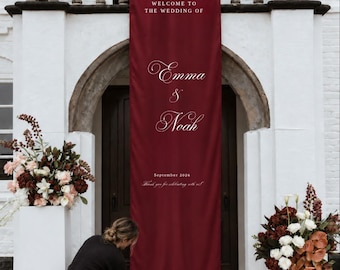 Personalized Burgundy Wedding Banner, Custom Names Fabric Welcome Sign, Romantic Satin Ceremony Backdrop, Elegant Wedding Decor