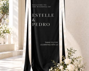 Personalized Black Silk Wedding Welcome Sign, Elegant Fabric Wedding Banner with Ivory Bows, Custom Wedding Entrance Decor