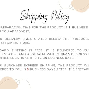 May include: A cream-colored graphic with the words "Shipping Policy" in a handwritten font. The text details preparation and delivery times for standard and express shipping, including estimated delivery times for Europe, the United States, and Australia.