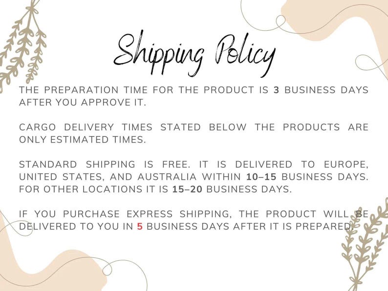 May include: A cream-colored graphic with the words "Shipping Policy" in a handwritten font. The text details preparation and delivery times for standard and express shipping, including estimated delivery times for Europe, the United States, and Australia.