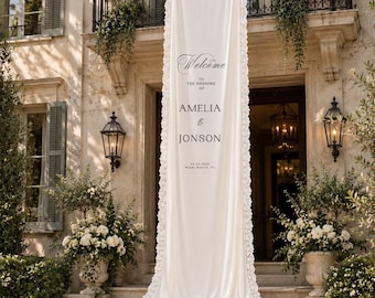 Elegant Silk Wedding Banner, Personalized Fabric Welcome Sign, Long Draped Wedding Entrance Decor