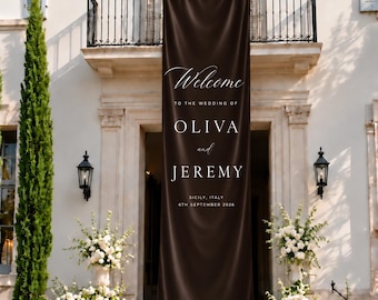 Personalized Silk Wedding Welcome Banner, Dark Brown Draped Fabric Sign with Ivory Lettering, Custom Wedding Entrance Decor
