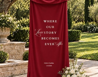 Burgundy Silk Wedding Welcome Banner, Personalized Fabric Sign with Draped Detail, Romantic Wedding Entrance Decor