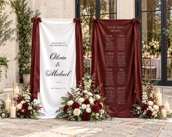 Personalized Fabric Wedding Welcome Sign, Burgundy Silk Seating Chart, Custom Wedding Banner with Bows, Elegant Wedding Decor