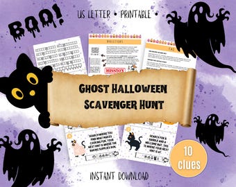 May include: A Halloween-themed printable scavenger hunt with the text "Ghost Halloween Scavenger Hunt." The design includes black cat and ghost silhouettes, the word "BOO!", and the text "US LETTER PRINTABLE" and "INSTANT DOWNLOAD."