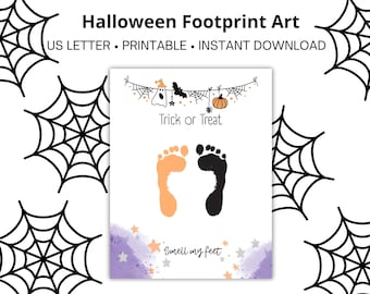 May include: Halloween-themed printable art featuring orange and black footprints, a banner with a ghost and pumpkin, and the text "Trick or Treat." The phrase "Smell my feet" is also included. The background is white with spiderwebs.