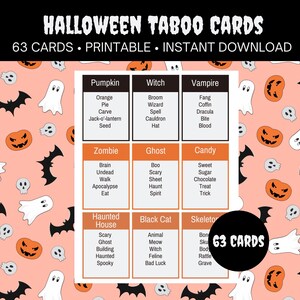 Könnte beinhalten: Halloween Tabu-Karten mit 63 Karten, druckbar und sofort zum Download verfügbar. Die Karten zeigen Halloween-Themen wie Kürbis, Hexe, Vampir, Zombie, Geist, Süßigkeiten, Spukhaus, Schwarze Katze und Skelett mit zugehörigen Wörtern.