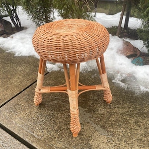 Handwoven Wicker Stool | Rustic Wooden Seat | Boho Rattan Home Decor | Handmade Vintage Accent